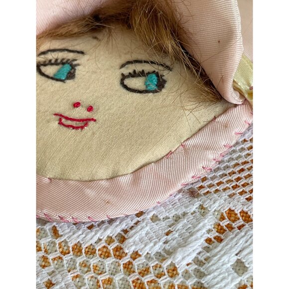 Antique 1930s Pincushion doll Face Embroidered  Silk Pink - Picture 13 of 15